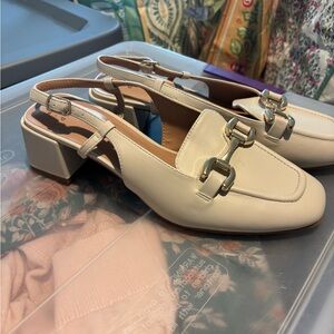 Women’s Cream Slingback Heels with Gold Buckle